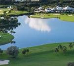 aerial view of the 18th and clubhouse at The Falls Club of the Palm Beaches