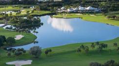 aerial view of the 18th and clubhouse at The Falls Club of the Palm Beaches